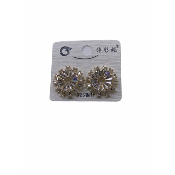 Elegant Womens Sunburst Earrings Zircon Detailing 925 Silver Post Gold Finish - Picture 1 of 8